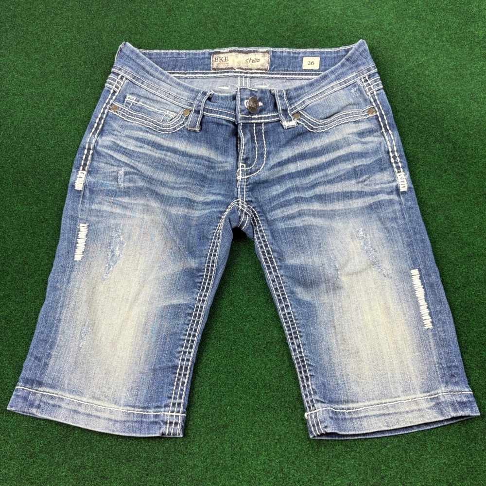 BKE Stella Denim Capri Shorts Womens Size 26 Embellished Distressed Blue